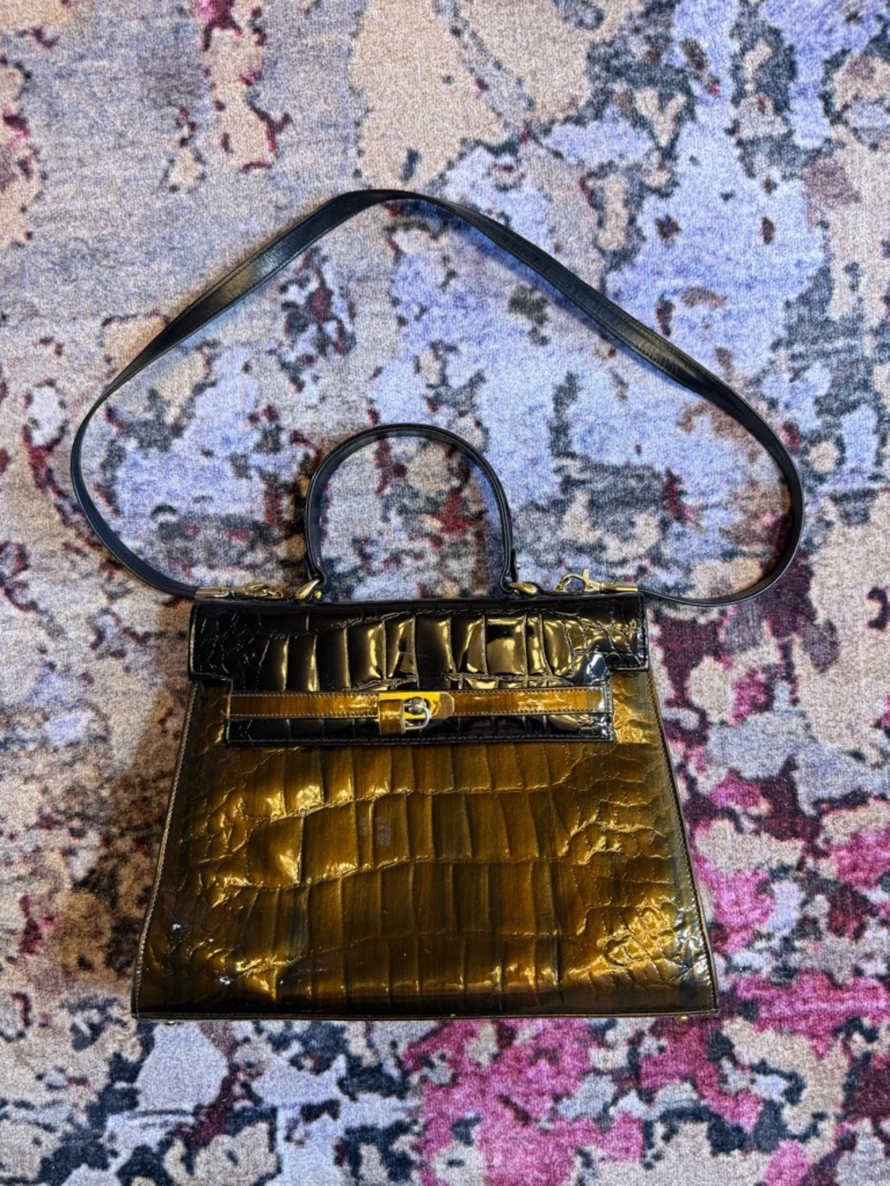 Croc embossed Kelly bootleg top handle bag with strap